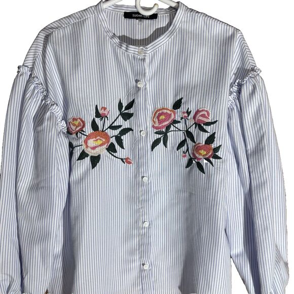Sugar Lips Long Puff Sleeve Embroidered White with Stripe Button Down Shirt M - Picture 2 of 16